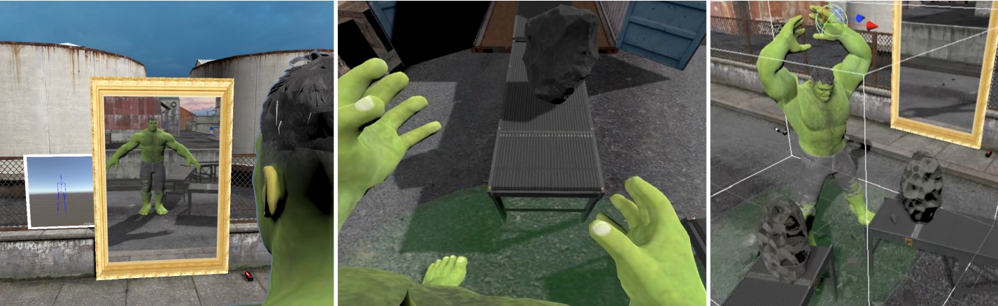 VR view of an avatar representing the Hulk, being controlled by a user to break stones.