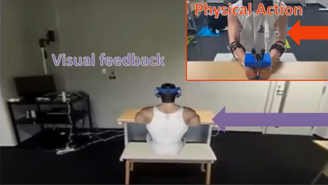 Picture showing an avatar becoming more muscular as a user is pressing on dumbbells.