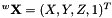 ${^w}{\bf X} = (X,Y,Z,1)^T$