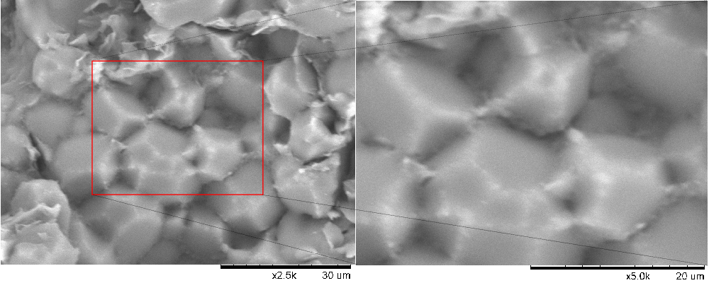 A material sample (left) and a zoom (right) of the central area. In both images, nano-tubes (light grey) paths in the polymeric matrix (darker grey). Courtesy of Alan Luna, CRPP Bordeaux, Annie Colin, CRPP Bordeaux, and Philippe Poulin, CRPP Bordeaux.